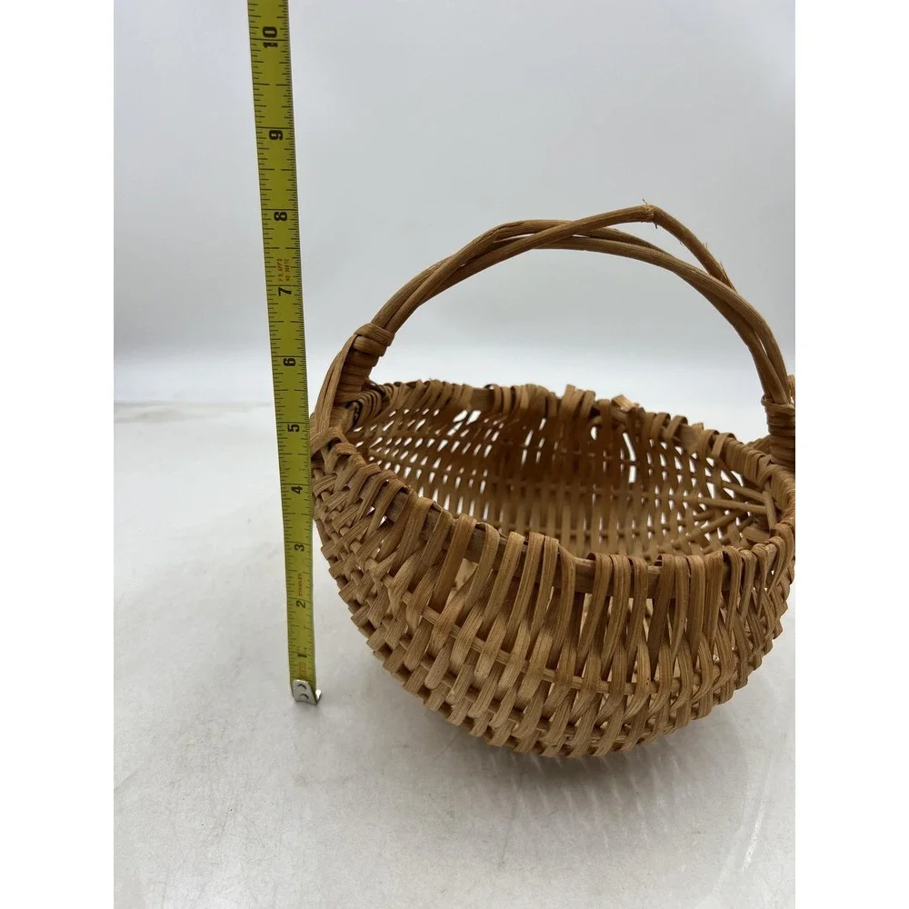 VTG Hand Woven Wicker Buttocks Basket Natural Wood Split Reed God's Eye Handle
